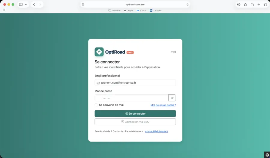 Écran de connexion OptiRoad Care